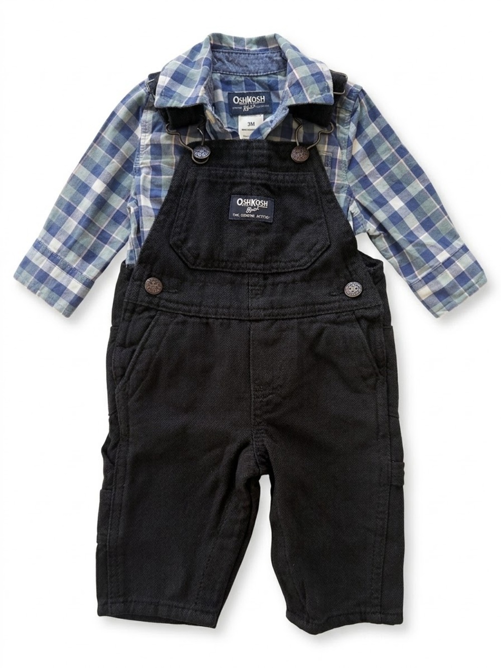 OshKosh B'gosh Baby Boys Black Overalls Blue Plaid Shirt Set 3M
